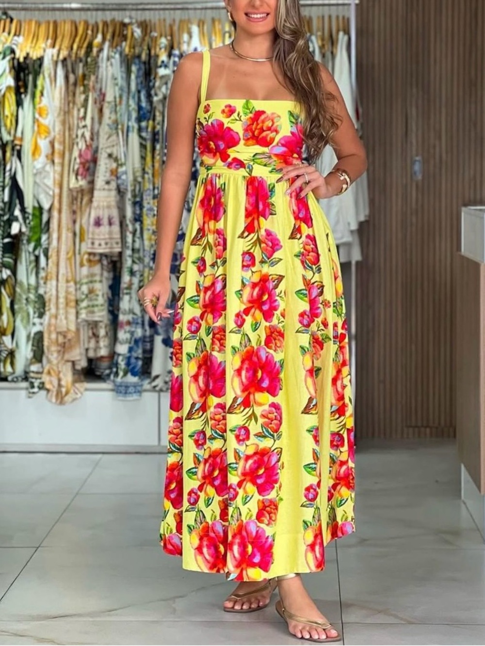 FARM Rio Yellow Long Dress with Flowers Size S